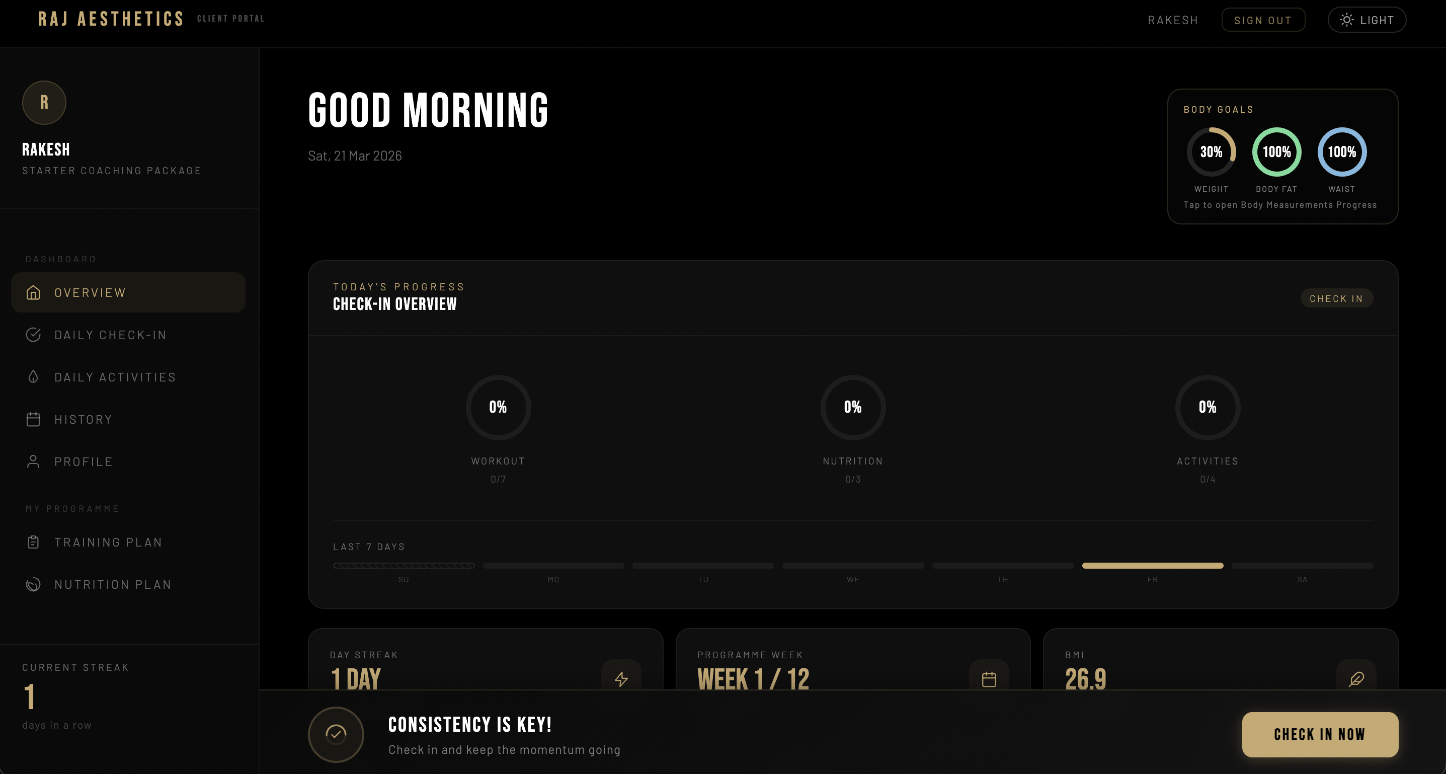 Raj Aesthetics client coaching dashboard overview