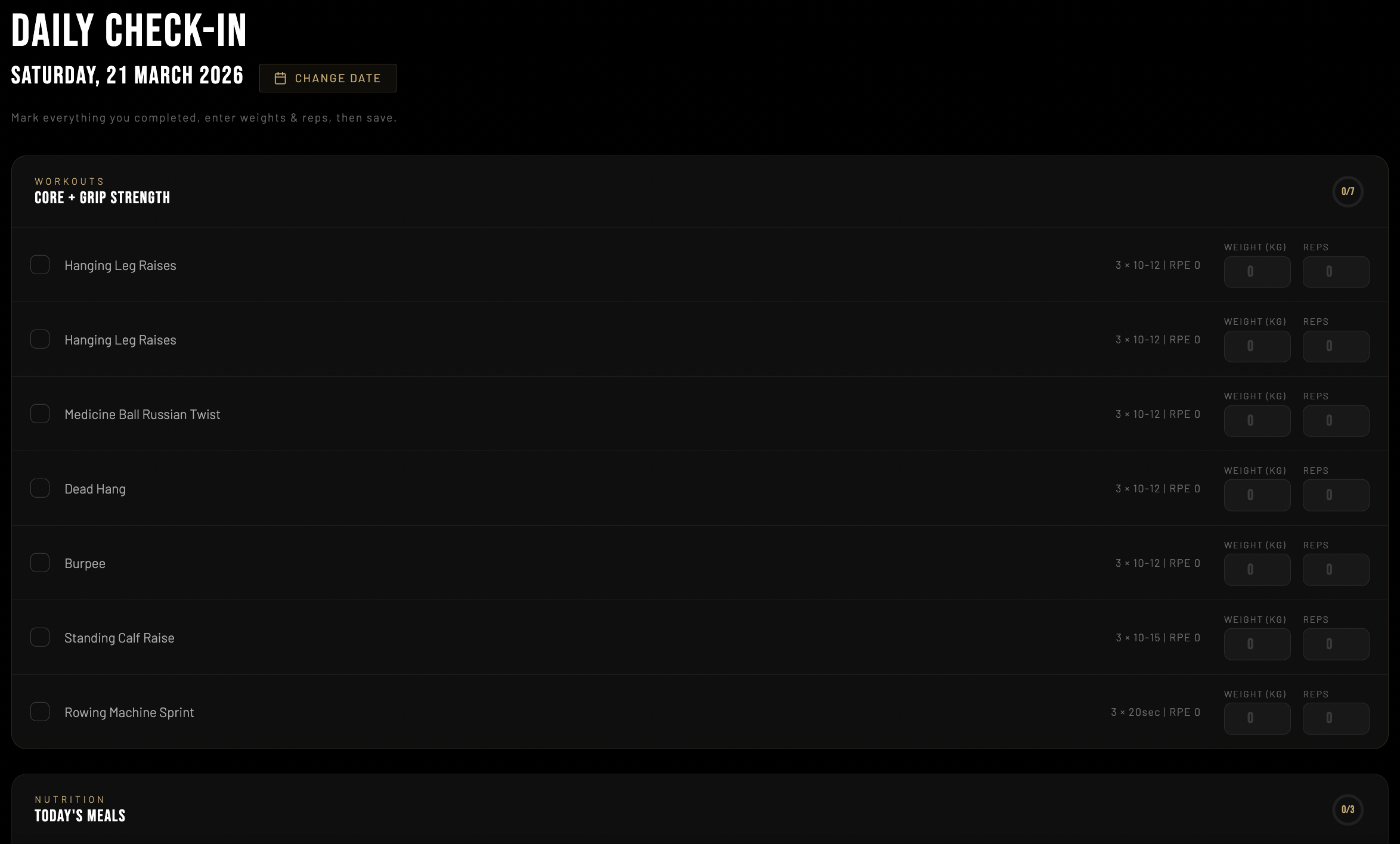 Weekly check-in form in client dashboard